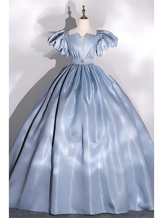 Fairytale Powder Blue Wedding Dress - Puffy Sleeve Ball Gown With Shimmer