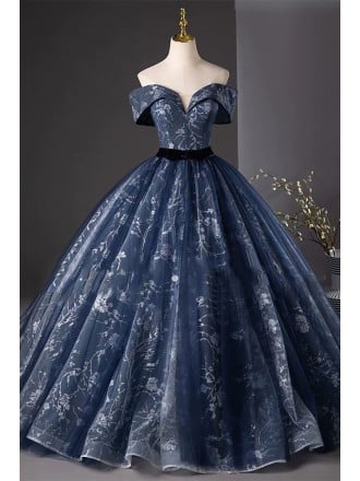 Unique Dark Blue Bridal Gown With Off-shoulder Sleeves | Patterned Ball Gown