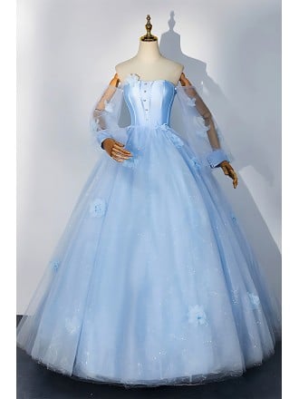 Dreamy Pastel Blue Wedding Dress - 3d Flower Embellished Ball Gown With Sheer Sleeves