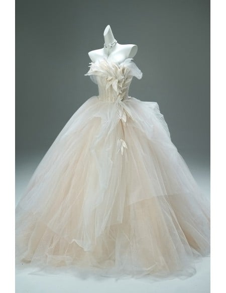 Dreamy Tulle Champagne Wedding Gown | Beautiful Off-shoulder Ball Gown For Brides