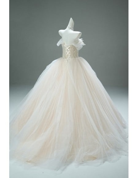 Dreamy Tulle Champagne Wedding Gown | Beautiful Off-shoulder Ball Gown For Brides