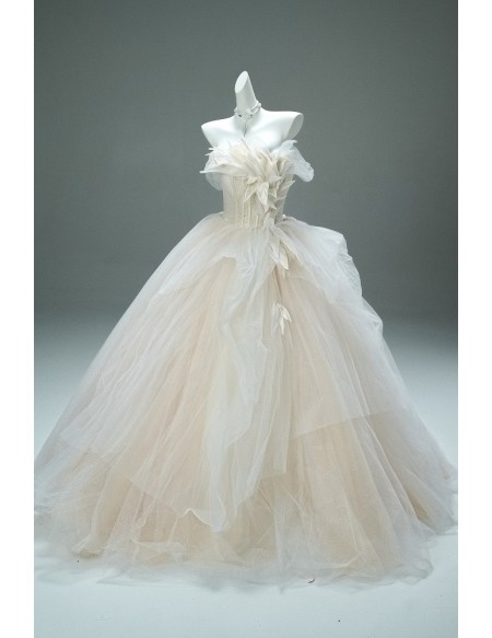 Dreamy Tulle Champagne Wedding Gown | Beautiful Off-shoulder Ball Gown For Brides