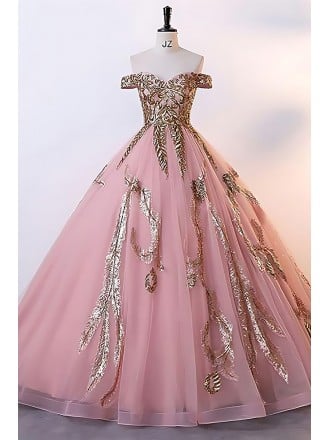 Sparkling Pink Princess Ball Gown For Quinceanera - Gold Beaded Strapless Formal Dress