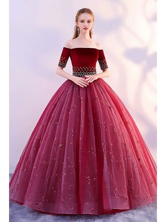 Luxurious Crimson Red Ball Gown Wedding Dress With Pearl Embellished Sleeves