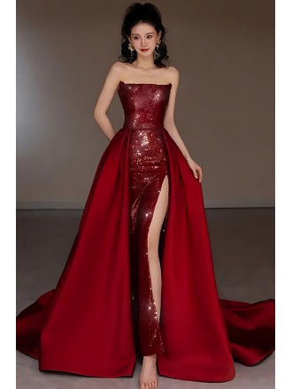 Stunning Ruby Red Sequin A-line Wedding Dress - Strapless Formal Event & Gala Gown