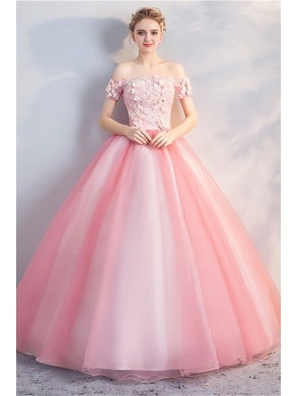 Pale Pink Princess Wedding Dress - Off-shoulder Bridal Gown With Appliques