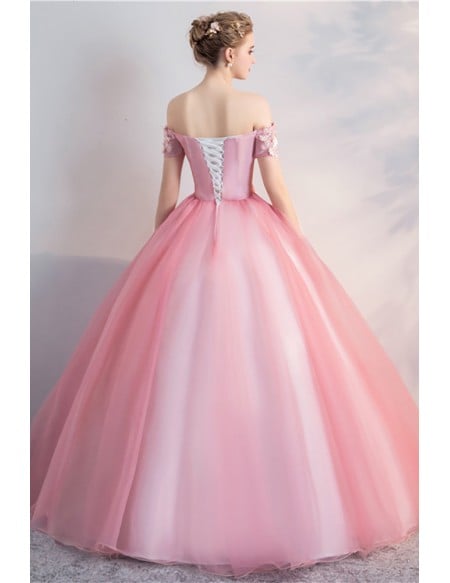 Pale Pink Princess Wedding Dress - Off-shoulder Bridal Gown With Appliques
