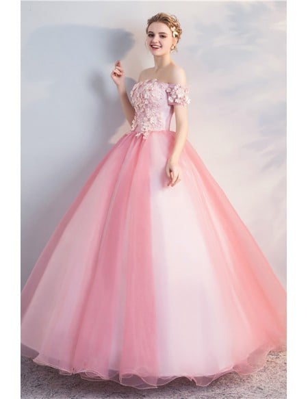 Pale Pink Princess Wedding Dress - Off-shoulder Bridal Gown With Appliques