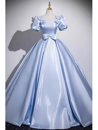 Elegant Light Blue Ball Gown Wedding Dress With Puff Sleeves & Bow Detail
