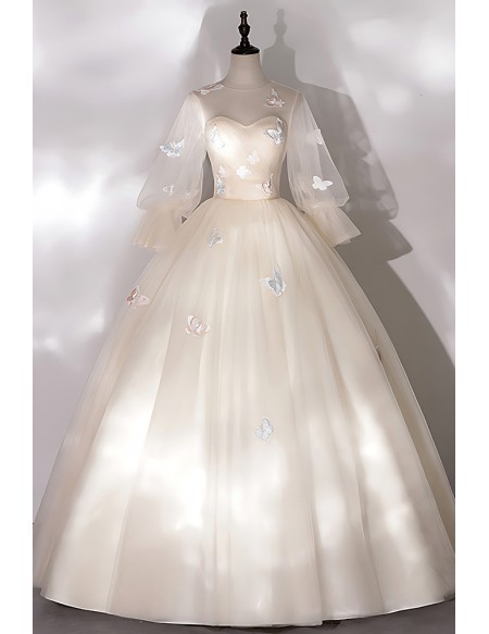 Luminous Champagne Tulle Wedding Dress - Elegant Puffy Sleeves & Colorful Butterflies