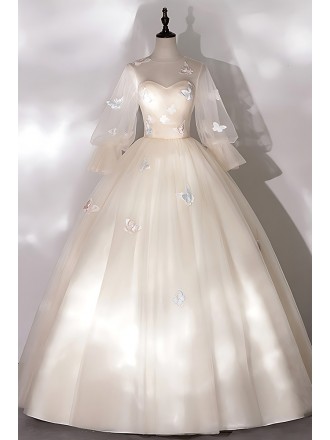 Luminous Champagne Tulle Wedding Dress - Elegant Puffy Sleeves & Colorful Butterflies