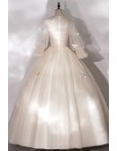 Luminous Champagne Tulle Wedding Dress - Elegant Puffy Sleeves & Colorful Butterflies