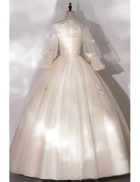 Luminous Champagne Tulle Wedding Dress - Elegant Puffy Sleeves & Colorful Butterflies