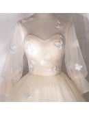 Luminous Champagne Tulle Wedding Dress - Elegant Puffy Sleeves & Colorful Butterflies