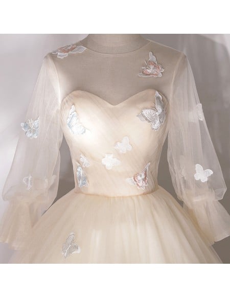Luminous Champagne Tulle Wedding Dress - Elegant Puffy Sleeves & Colorful Butterflies