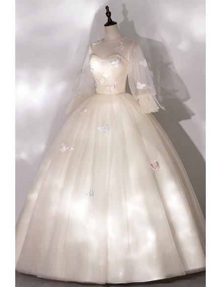 Luminous Champagne Tulle Wedding Dress - Elegant Puffy Sleeves & Colorful Butterflies