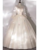 Luminous Champagne Tulle Wedding Dress - Elegant Puffy Sleeves & Colorful Butterflies