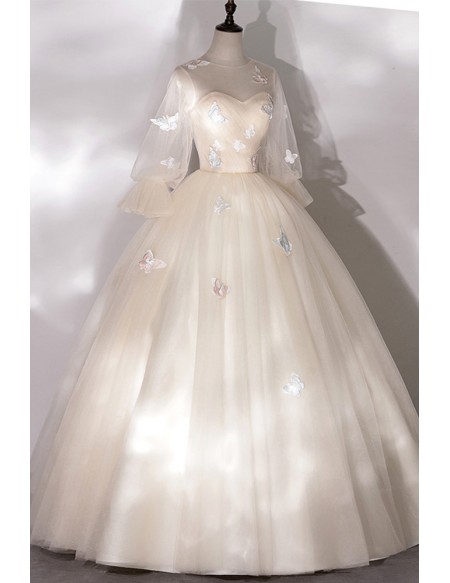 Luminous Champagne Tulle Wedding Dress - Elegant Puffy Sleeves & Colorful Butterflies