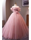 Romantic Soft Pink Quinceanera & Wedding Ball Gown | Off Shoulder Tulle Dress