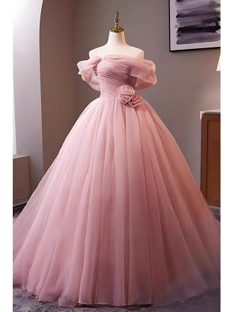 Romantic Soft Pink Quinceanera & Wedding Ball Gown | Off Shoulder Tulle Dress
