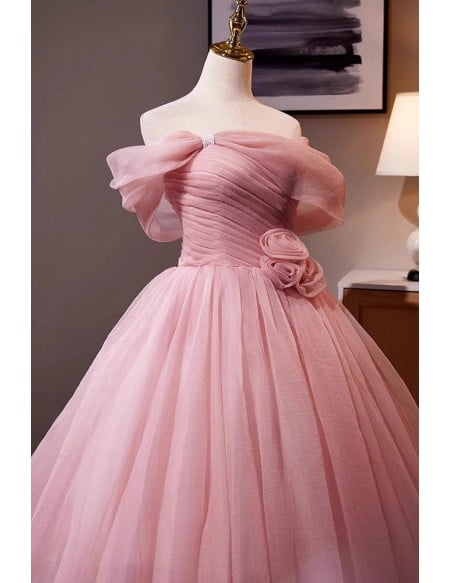 Romantic Soft Pink Quinceanera & Wedding Ball Gown | Off Shoulder Tulle Dress