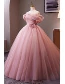 Romantic Soft Pink Quinceanera & Wedding Ball Gown | Off Shoulder Tulle Dress