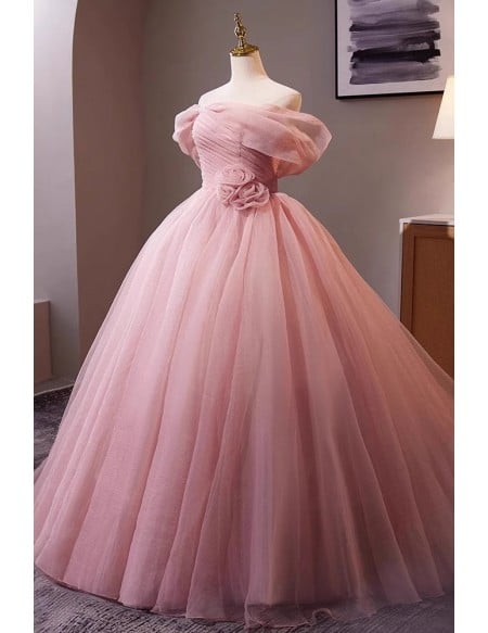 Romantic Soft Pink Quinceanera & Wedding Ball Gown | Off Shoulder Tulle Dress