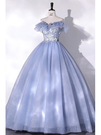Dreamy Pastel Blue Bridal Gown - Sky Blue Wedding Dress With Off-shoulder Bodice And Floral Accents