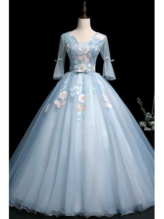 Fairytale Light Blue Bridal Gown - Bell Sleeve Ball Gown With Embroidered Flowers