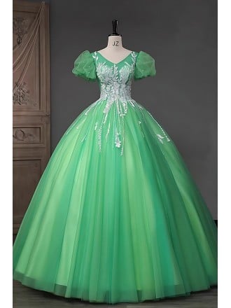 Women's Light Green Wedding Dress - Elegant Green Gown With Beaded Bodice And Puff Sleeves