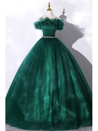 Women's Emerald Green Wedding Dress - Beautiful Green Gown With Beaded Belt And Lace-up Back