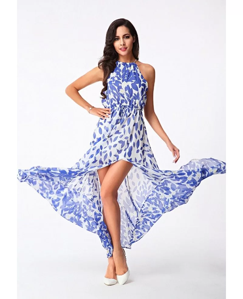 High Neck Floral Print Slit Chiffon Maxi Holidays Dress Gemgrace