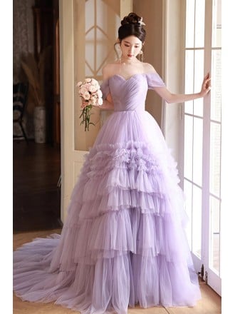 Dreamy Lilac Princess Wedding Dress | Tiered Tulle Ball Gown With Ruched Bodice