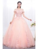 Dreamy Pink Princess Ball Gown - Off-shoulder Quinceanera Dress With Scattered Flowers