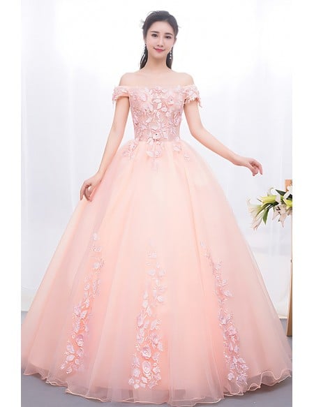 Dreamy Pink Princess Ball Gown - Off-shoulder Quinceanera Dress With Scattered Flowers