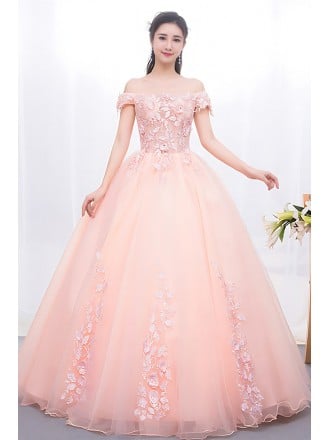 Dreamy Pink Princess Ball Gown - Off-shoulder Quinceanera Dress With Scattered Flowers