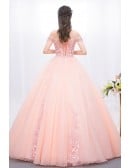 Dreamy Pink Princess Ball Gown - Off-shoulder Quinceanera Dress With Scattered Flowers