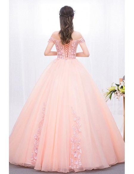 Dreamy Pink Princess Ball Gown - Off-shoulder Quinceanera Dress With Scattered Flowers