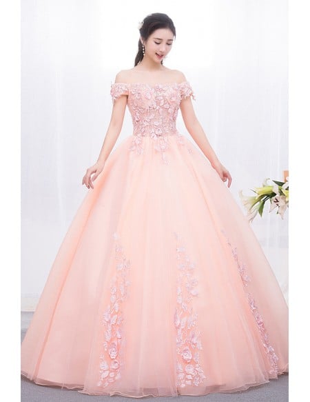 Dreamy Pink Princess Ball Gown - Off-shoulder Quinceanera Dress With Scattered Flowers