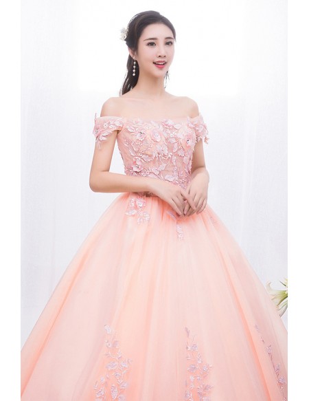 Dreamy Pink Princess Ball Gown - Off-shoulder Quinceanera Dress With Scattered Flowers