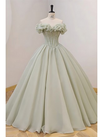 Chic Sage Green Bridal Gown - Off-shoulder Tulle Wedding Dress With Ruffle Sleeves & Full Skirt