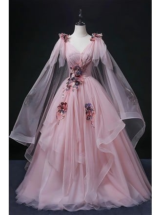Dreamy Pastel Pink Bridal Gown - Soft Pink Wedding Dress With Unique Cape Sleeves And Lace Detail