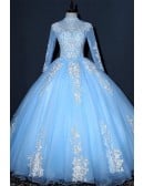Dreamy Light Blue Tulle Ball Gown Wedding Dress | Long Sleeved Bridal Gown With Appliques