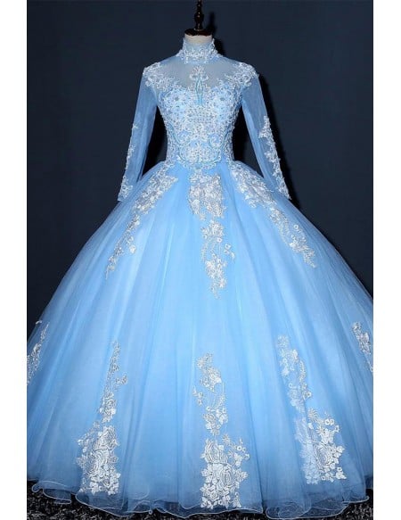 Dreamy Light Blue Tulle Ball Gown Wedding Dress | Long Sleeved Bridal Gown With Appliques