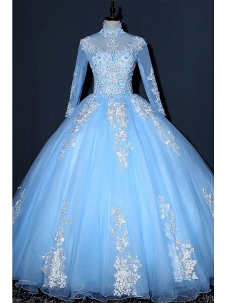 Dreamy Light Blue Tulle Ball Gown Wedding Dress | Long Sleeved Bridal Gown With Appliques
