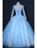 Dreamy Light Blue Tulle Ball Gown Wedding Dress | Long Sleeved Bridal Gown With Appliques