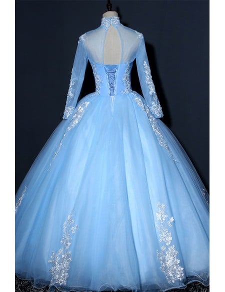 Dreamy Light Blue Tulle Ball Gown Wedding Dress | Long Sleeved Bridal Gown With Appliques