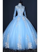 Dreamy Light Blue Tulle Ball Gown Wedding Dress | Long Sleeved Bridal Gown With Appliques