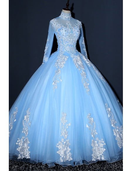 Dreamy Light Blue Tulle Ball Gown Wedding Dress | Long Sleeved Bridal Gown With Appliques