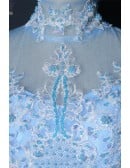 Dreamy Light Blue Tulle Ball Gown Wedding Dress | Long Sleeved Bridal Gown With Appliques